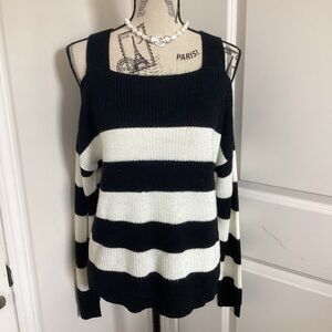 Hooked Up Women’s Black & White Stripes Cold Shoulder Knit Sweater Long Sleeves